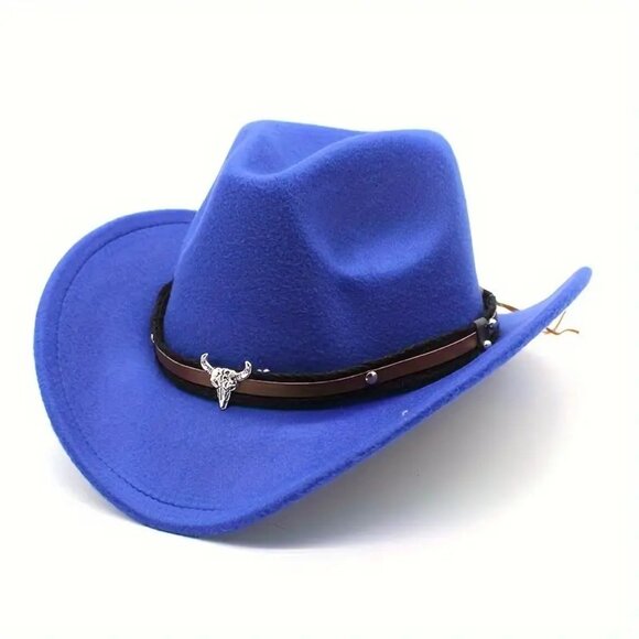 Blue Western Cowboy Hat – Cowboy‎ Cowgirl Rodeo Style with Bull Skull Accent - Picture 1 of 6